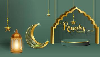 3d modern islamic Semester baner. visa podium med ramadan lykta, metall måne och moské portal vektor