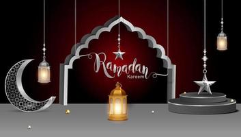 3d modern islamisch Urlaub Banner. Anzeige Podium mit Ramadan Laterne, Metall Mond und Moschee Portal vektor