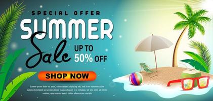 sommar försäljning med solglasögon och strand boll på tropisk ö vektor