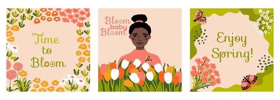 vår kort uppsättning. kvinna med blommor. blommig mönster. fjärilar, tulpaner. text blomma bebis, blomma. njut av vår. Bra mall för webb, kort, affisch, baner. vektor illustration