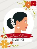 selamat hari kartini betyder Lycklig kartini dag. kartini är indonesiska kvinna hjälte. profil av en mörkhårig kvinna omgiven förbi blommor. platt vektor illustration.