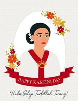 glücklich Kartini Tag Feier. asiatisch Frau umgeben durch Blumen. indonesisch Urlaub. habis Gelap Terbitlah Terang meint nach Dunkelheit kommt Licht. eben Vektor Illustration