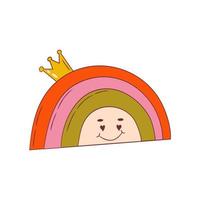 psychedelisch groovig Regenbogen mit Krone und Gesicht isoliert. süß Karikatur Regenbogen mit Auge groovig retro Stil. Vektor Illustration.
