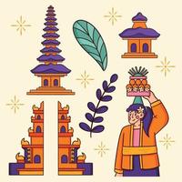 Vektor Hand gezeichnet Illustration Objekt Hindu pura Tempel bali Nyepi Tag Hindu Indonesien, Frau, Blätter, mit eben Design Anlagegut Paket Vorlage einstellen