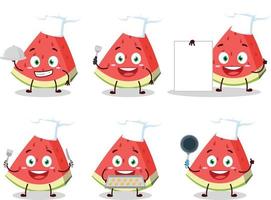 tecknad serie karaktär av snedstreck av vattenmelon med olika kock uttryckssymboler vektor