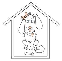schönes Haustier. Ein weißes Hundemädchen mit einer Schleife am Ohr und herausstehender Zunge sitzt in einem Haus vektor