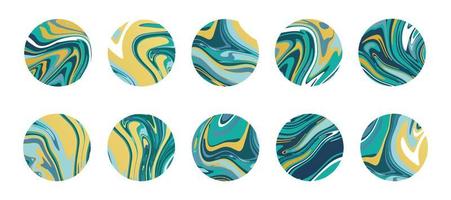 uppsättning av marmor cirklar med textur av flytande marmor platta, skiva eller epoxi i grön och gul färger. abstrakt runda ikoner för markera täcker. bakgrunder för social media berättelser vektor