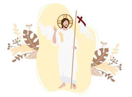 uppståndelse av Kristus-ikonen. han erövrade döden och återuppstod. christ står med segerflaggan på en bakgrund med inredning. vektor illustration