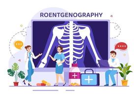 röntgenografi illustration med fluorografi kropp kolla upp procedur, röntgen läser in eller röntgen i hälsa vård platt tecknad serie hand dragen mallar vektor