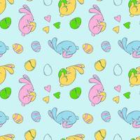 nahtlos Muster mit Ostern Hasen und farbig Eier auf ein Blau Hintergrund. Frühling Urlaub mit ein Hase und ein dekoriert Ei. Vektor Illustration im eben Stil.
