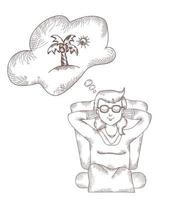 Das Mädchen sitzt und träumt mit geschlossenen Augen von einem Urlaub auf See. darüber ist eine Wolke mit einem Bild von Palmen und der Sonne. Vektor Handzeichnung
