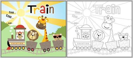 rolig djur tecknad serie på ånga tåg. färg bok eller sida vektor