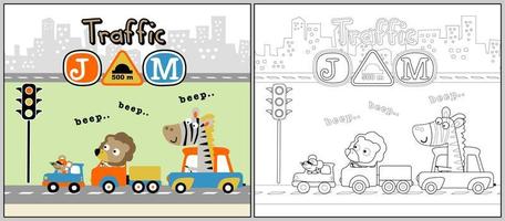 rolig djur tecknad serie på bil i trafik sylt, färg bok eller sida vektor