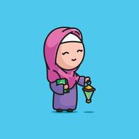 süß Mädchen Moslem bringen al Koran und lentera Lampe Karikatur Illustration Menschen Religion Vektor