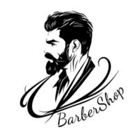 Logo zum Friseurladen, Herren Frisur Salon. stilvoll Mann mit Haarschnitt, Bart und Schnurrbärte. vektor