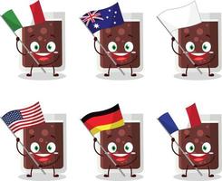 Glas von Cola Karikatur Charakter bringen das Flaggen von verschiedene Länder vektor