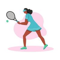 en ung afrokvinna som spelar tennis. en platt karaktär. vektor illustration.