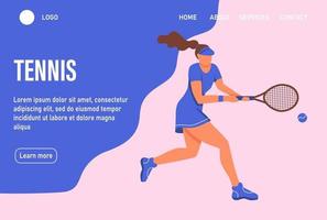 eine junge Frau, die Tennis spielt. Website Homepage Landing Webseite Vorlage. ein flacher Charakter. Vektorillustration. vektor