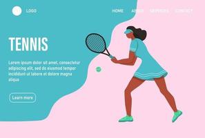 eine junge Afro-Frau, die Tennis spielt. Website Homepage Landing Webseite Vorlage. ein flacher Charakter. Vektorillustration. vektor