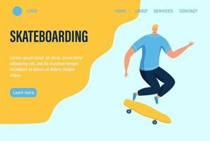 Ein junger Mann oder Teenager fährt ein Skateboard. Website Homepage Landing Webseite Vorlage. flache Vektorillustration. vektor