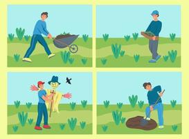 en uppsättning karaktärer som trädgårdsskötsel. unga människor planterar, gräver marken. platt tecknad vektorillustration. vektor