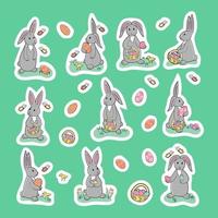 Karikatur grau Hand gezeichnet Ostern Hasen auf das Gras, Körbe mit Eier und Schmetterlinge. einstellen von einzigartig isoliert Aufkleber - - Kaninchen, dekoriert Eier, Körbe mit farbig Eier. perfekt zum Kinder vektor