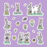tecknad serie grå hand dragen kaniner på de gräs, korgar med vår blommor och fjärilar. uppsättning av unik isolerat klistermärken - kanin, blomma, korgar med maskrosor, krokusar, tulpaner. perfekt för barn vektor