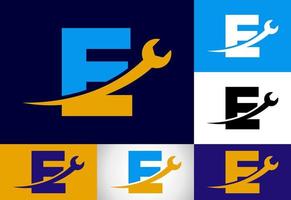 grafisk alfabet e med rycka. logotyp för mekanisk, teknologi, reparera service , bil- företag vektor