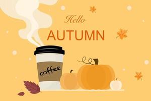 Hallo Herbst. Tasse von Kaffee, Kürbisse und Herbst Blätter Hintergrund. Vektor Illustration im eben Design Stil.
