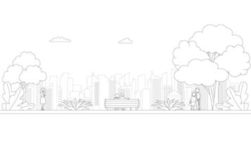 människor, stad horisont i linje konst stil - landskap med hus, träd och moln. isolerat vektor illustration av skön stadsbild för verklig egendom och fast egendom baner eller kort
