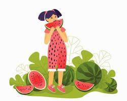 Mädchen in einem schönen Overall, der eine Wassermelone isst vektor