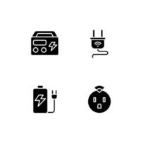 elektrisch Geräte schwarz Glyphe Symbole einstellen auf Weiß Raum. Clever Steckdose und Stecker. tragbar Generator und Batterie. Silhouette Symbole. solide Piktogramm Pack. Vektor isoliert Illustration