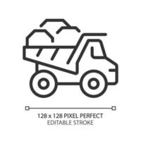 dumpa lastbil pixel perfekt linjär ikon. dumper lastbil. tung material transport. fordon. kol brytning industri. tunn linje illustration. kontur symbol. vektor översikt teckning. redigerbar stroke