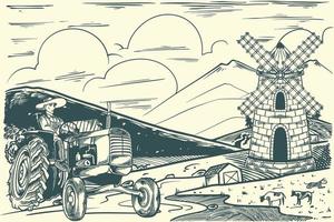 hand teckning lantlig lantbruk landskap med väderkvarn och traktorer vektor