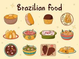 einstellen von Brasilianer traditionell Lebensmittel. Vektor Illustration im Hand gezeichnet Stil