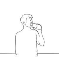 man står och drycker från en flaska från hans hals - ett linje teckning vektor. begrepp till släcka din törst vektor