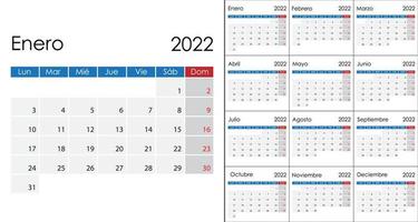 enkel kalender 2022 på spanska språk, vecka Start på måndag. vektor