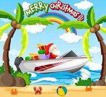 Santa Claus fährt Schnellboot auf der Strandszene vektor