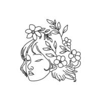 enkel linje konst deco kvinna dekorerad förbi löv vektor illustration. skönhet kvinna elegant hand dragen vår blommig svart ikon isolerat på vit
