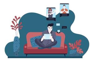 en ung kille sitter i soffan och kommunicerar på sociala nätverk med vänner på en surfplatta. vintersemester, spendera tid hemma online. vektor illustration
