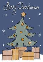 süß Hand gezeichnet Beschriftung fröhlich Weihnachten Vektor Karte Illustration mit Weihnachten Baum und Geschenke
