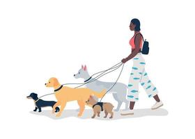 afroamerikansk flicka gå hundar i koppel platt färg vektor detaljerad karaktär