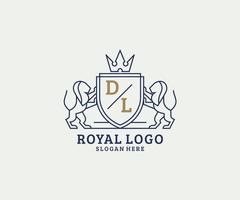 Anfangs-DL-Buchstabe Lion Royal Luxury Logo-Vorlage in Vektorgrafiken für Restaurant, Lizenzgebühren, Boutique, Café, Hotel, Heraldik, Schmuck, Mode und andere Vektorillustrationen. vektor