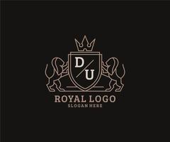 första du brev lejon kunglig lyx logotyp mall i vektor konst för restaurang, kungligheter, boutique, Kafé, hotell, heraldisk, Smycken, mode och Övrig vektor illustration.