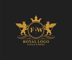första fw brev lejon kunglig lyx heraldisk, vapen logotyp mall i vektor konst för restaurang, kungligheter, boutique, Kafé, hotell, heraldisk, Smycken, mode och Övrig vektor illustration.