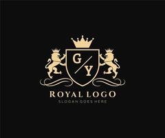 första gy brev lejon kunglig lyx heraldisk, vapen logotyp mall i vektor konst för restaurang, kungligheter, boutique, Kafé, hotell, heraldisk, Smycken, mode och Övrig vektor illustration.