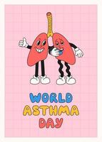 värld astma dag baner mall. vektor illustration av lungor som söt retro tecknad serie tecken med inhalator. bronkial astma medvetenhet tecken.