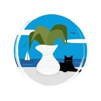 söt tecknad serie solig dag grekisk landskap scen med katt, vas med växt och hav vektor illustration