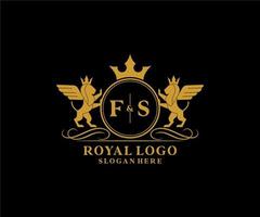 första fs brev lejon kunglig lyx heraldisk, vapen logotyp mall i vektor konst för restaurang, kungligheter, boutique, Kafé, hotell, heraldisk, Smycken, mode och Övrig vektor illustration.