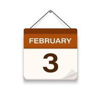 Februar 3, Kalender Symbol mit Schatten. Tag, Monat. Treffen geplanter Termin Zeit. Veranstaltung Zeitplan Datum. eben Vektor Illustration.
